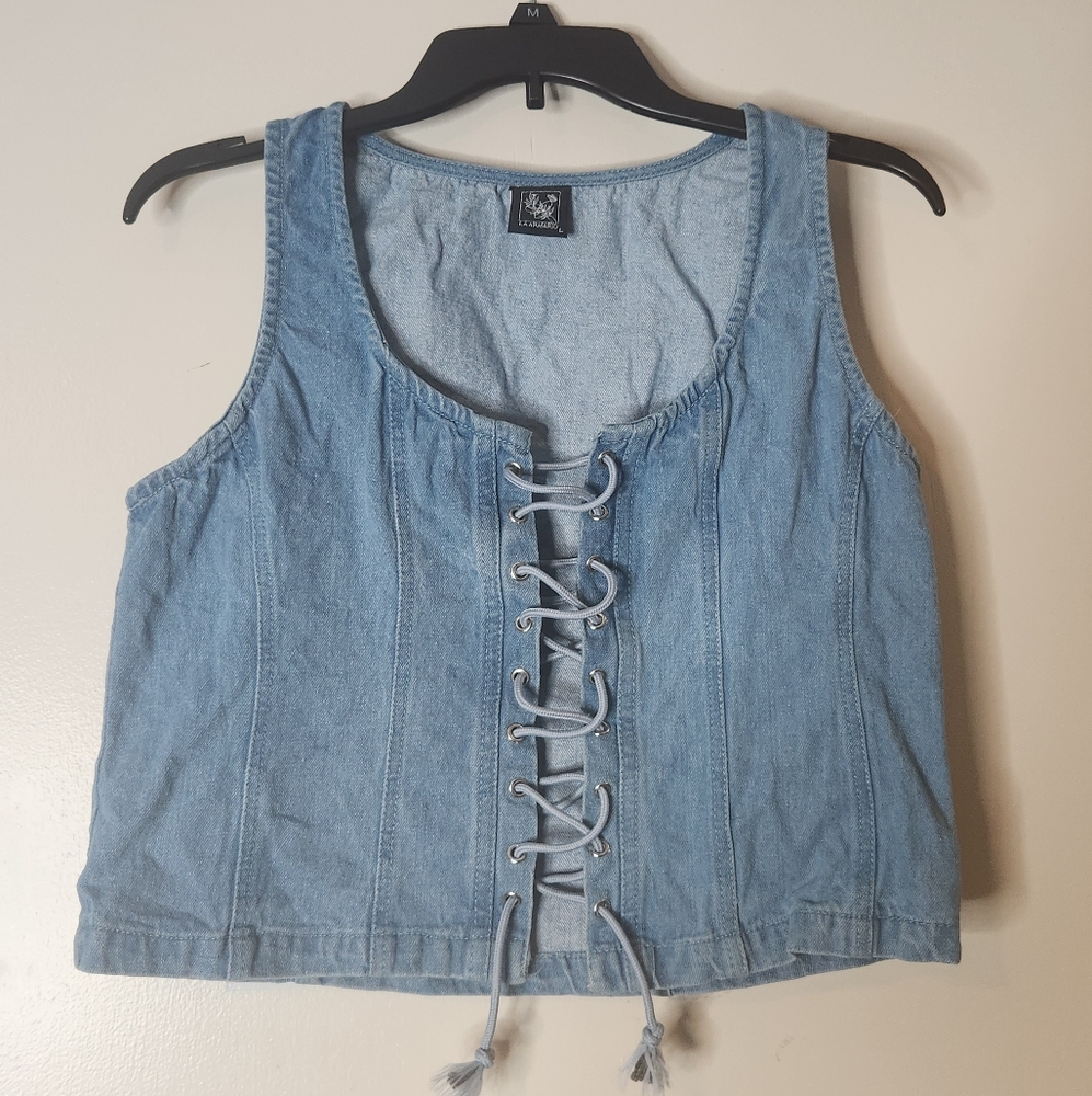 Blue Lace-Up Denim Crop Top